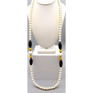 Long Retro Beaded Strand Necklace, Vintage White and Yellow Lucite with Oblong